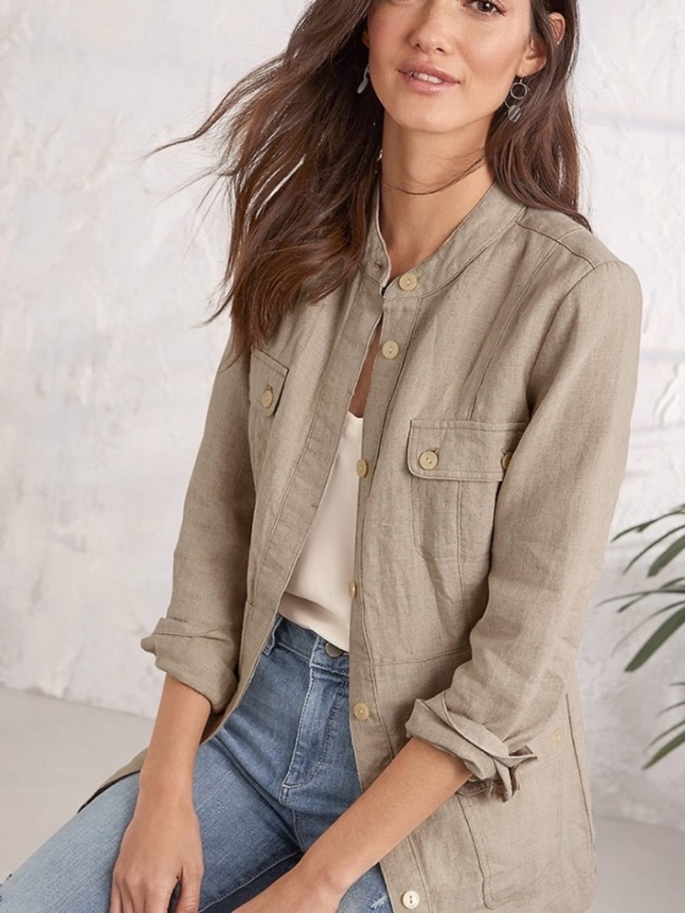 Garnet Hill 100% Linen Button Front Flax Cargo Shirt Jacket Stand Collar Size 18